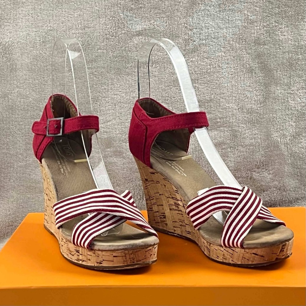 TOMS Red White Striped Strappy Cork Wedge Sandals Womens 7.5 Ankle Strap